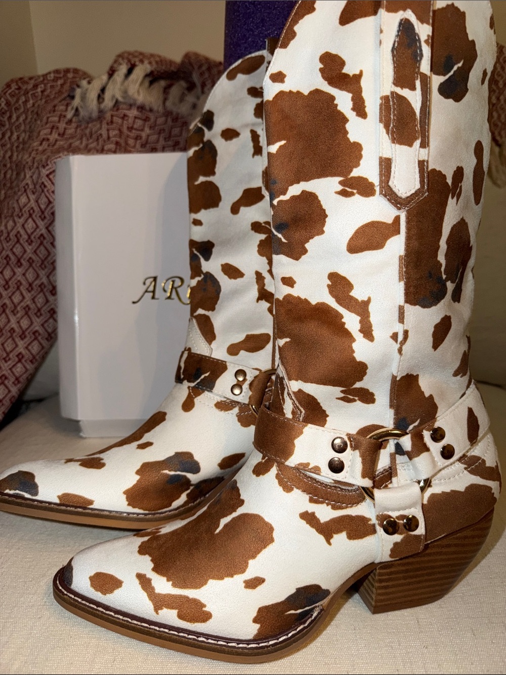 A Rider Girl Brown and White Cowhide-Print Western Heeled Boots